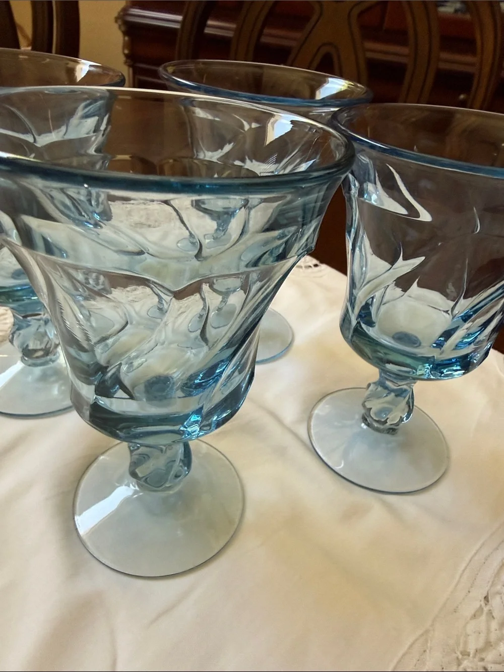 Vintage set of 4 Fostoria Jamestown Blue Stemmed soda sandae footed  Glass